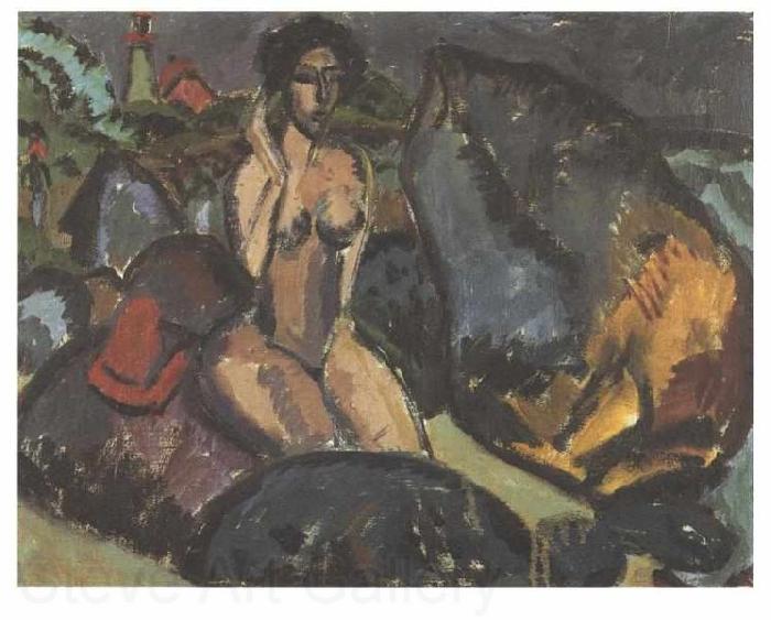 Ernst Ludwig Kirchner Bathing woman between rocks